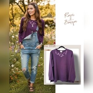 🌿BonWorth Women's Medium Vintage Purple Flower Embroiderd Longsleeve Top
